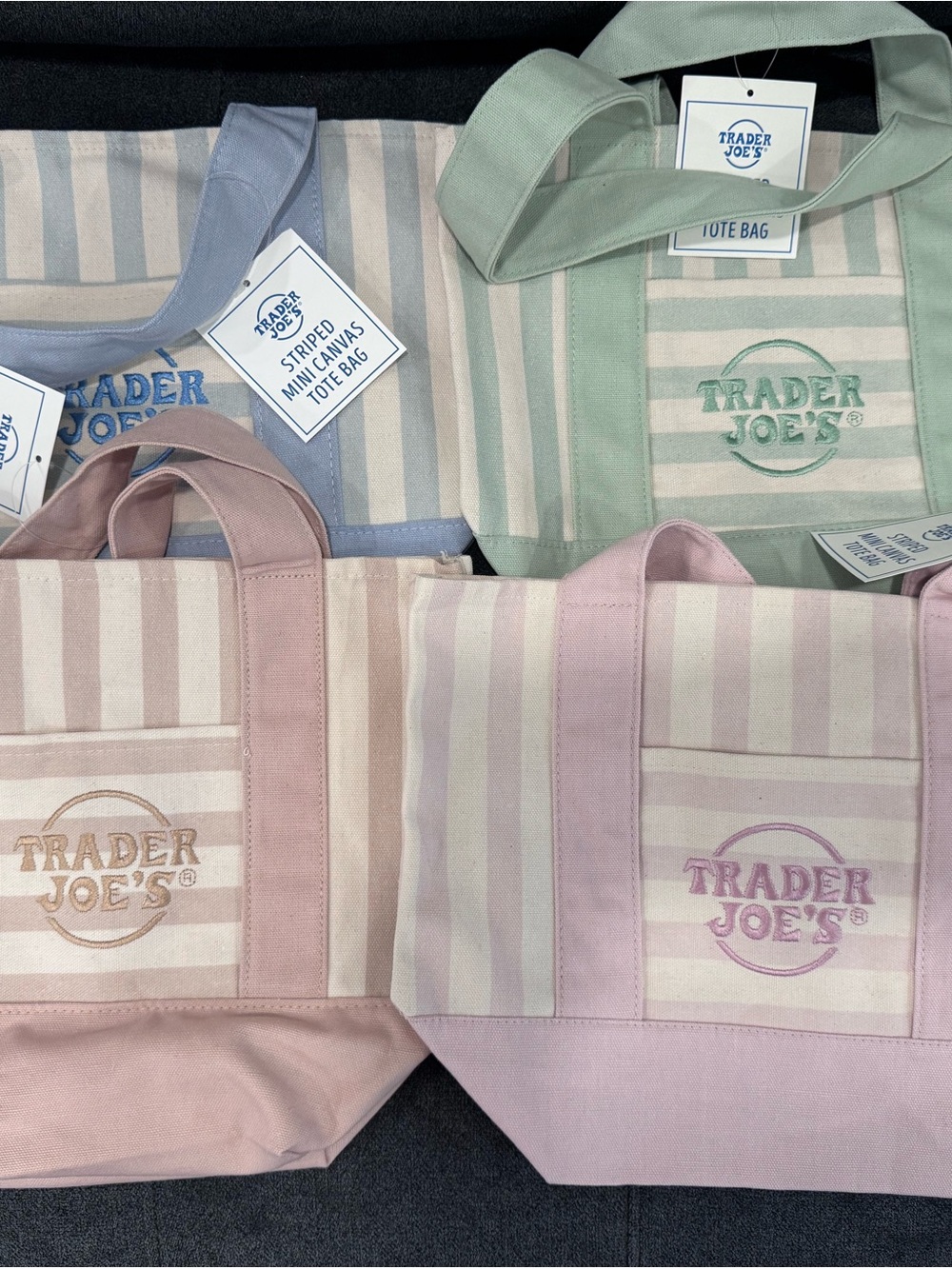 NEW Trader Joe’s Striped Canvas Tote Bag Set. NWT SET OF 4